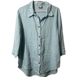 CLICK Color Me Cotton 100% Linen Top XL Lagenlook Baby Blue Asymmetrical Hem USA